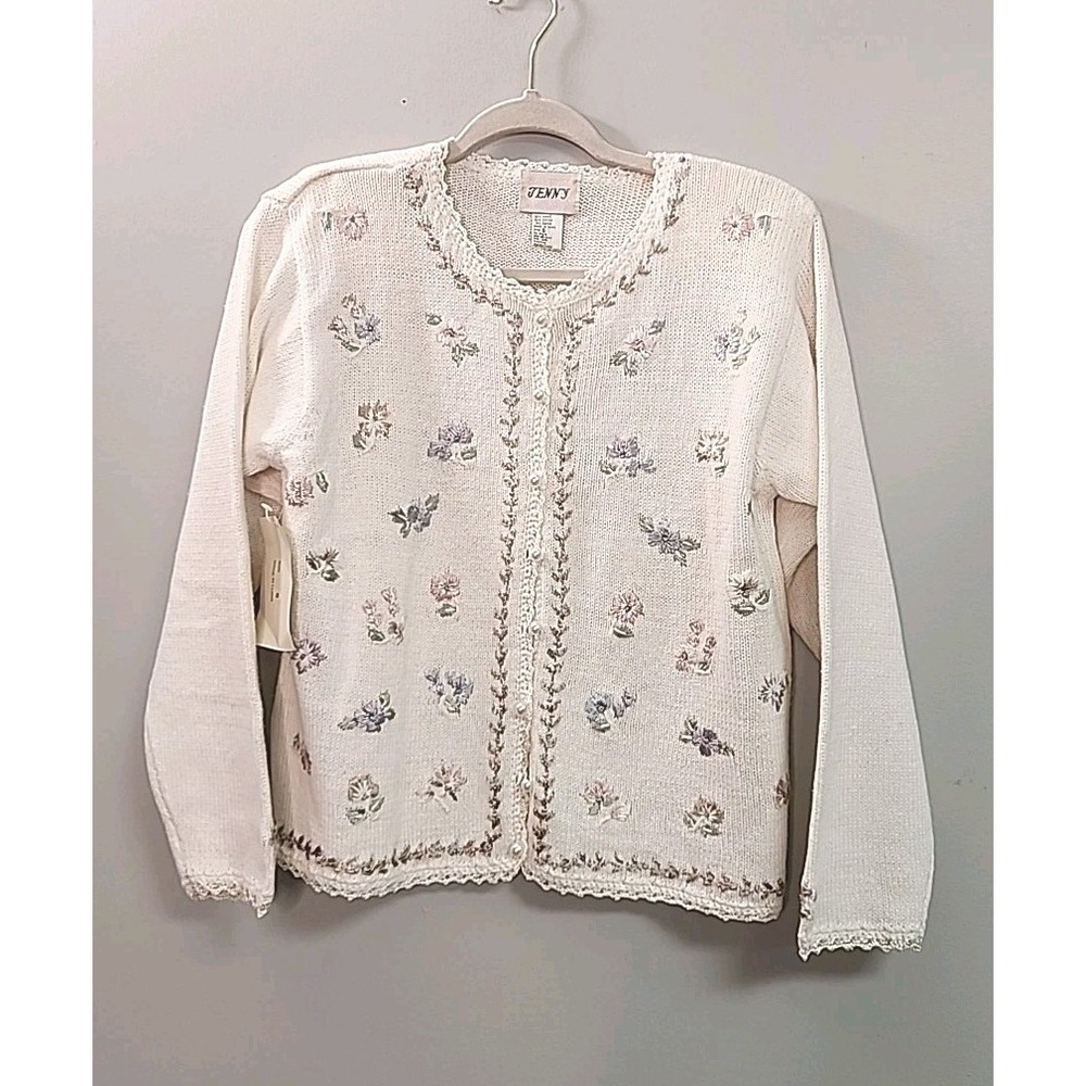 Vintage Jenny Women S Ivory Embroidered Floral Crochet Trim Cardigan Sweater NWT